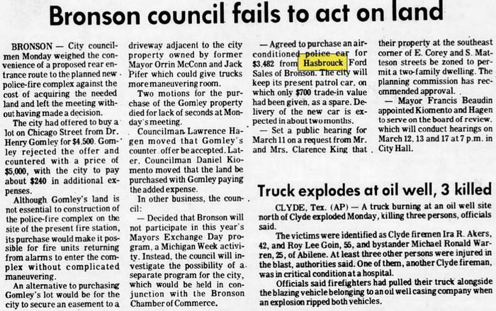 Hasbrouck Ford Sales - Feb 1974 Bronson Police Buys Car